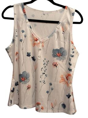Floral V-Neck Sleeveless Tank Top - White with Blue & Peach Flowers